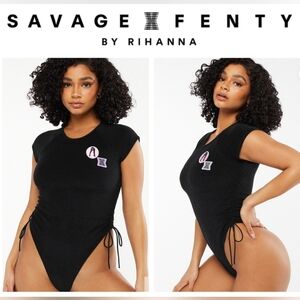 SAVAGE x FENTY Women's Medium Black 70s Ruched Sides Terry Thong Teddy Bodysuit